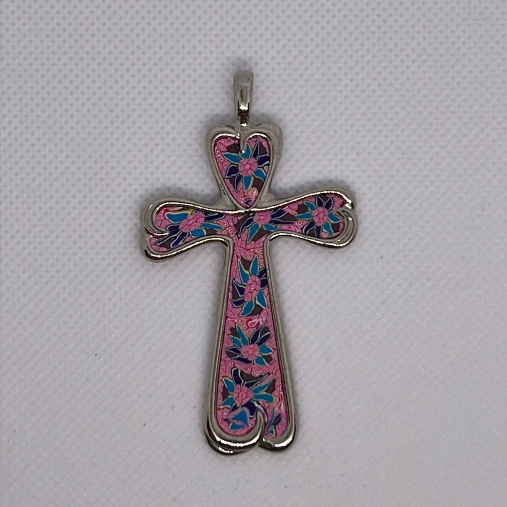 Vintage cross pendant pink floral, clay, silver tone